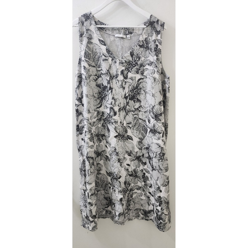 Vasna Italy Linen Cotton Floral Shift Dress XL Black White Sleeveless V-Neck